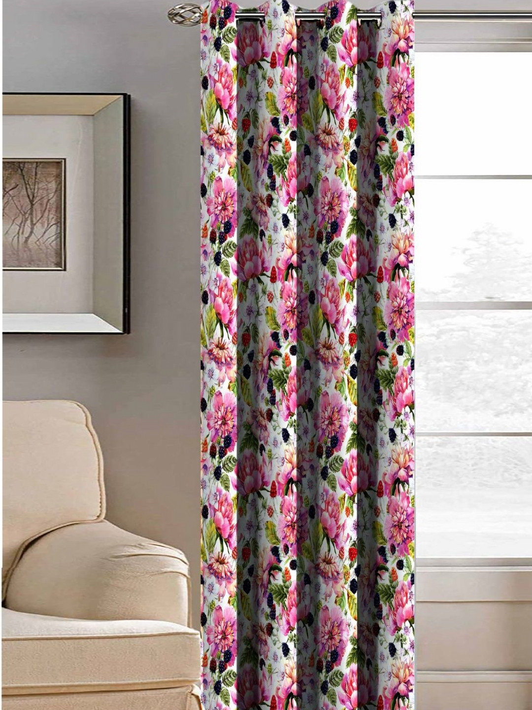 Aura White & Pink Floral Printed Light Blocking Window Curtain
