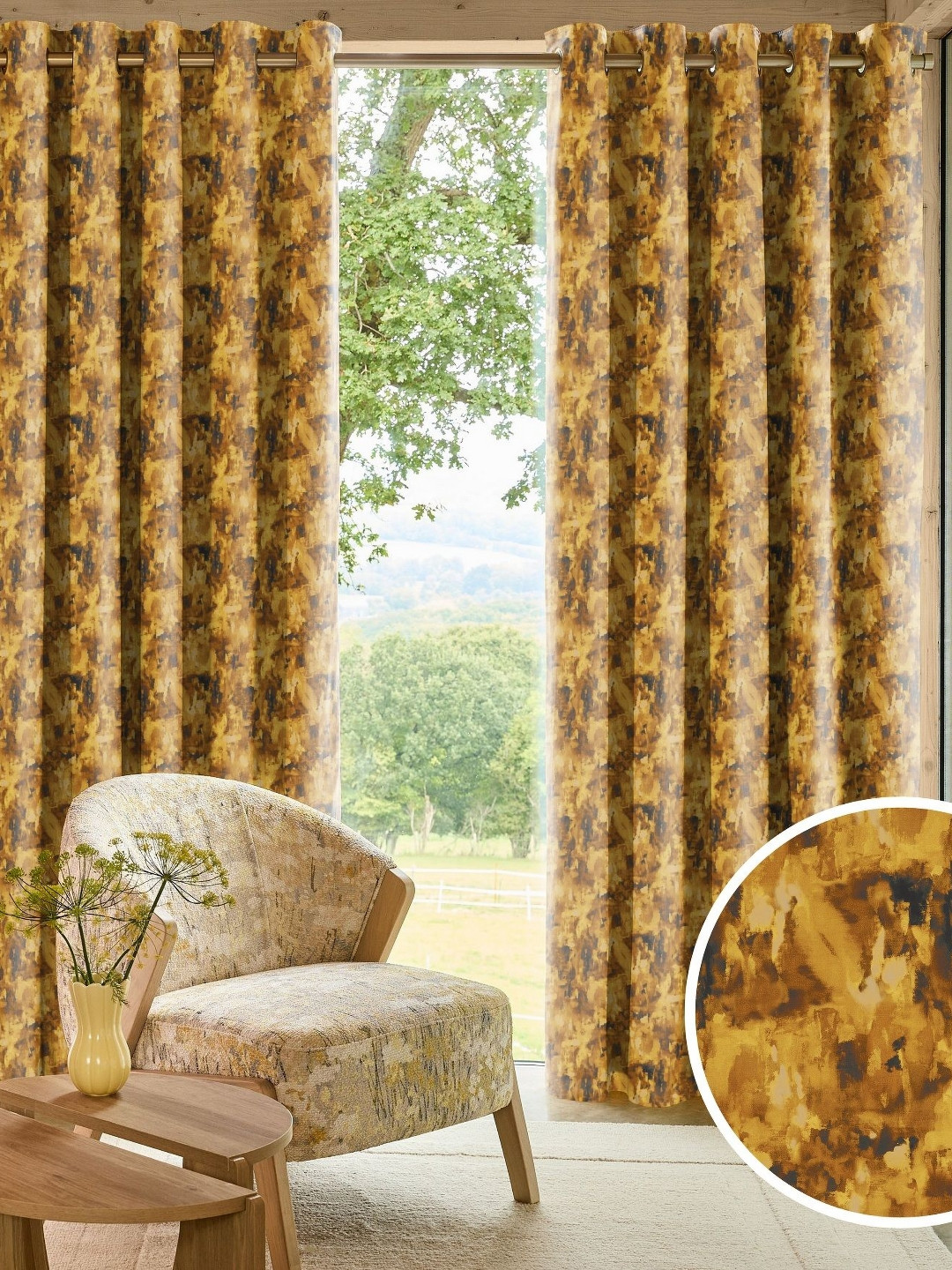 Myntra Elegant Homes Eden Premium Gold 2 Pieces Printed Black Out Long Door Curtain