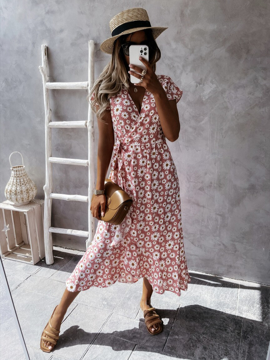 StyleCast Pink Floral Printed V-Neck Wrap Midi Dress