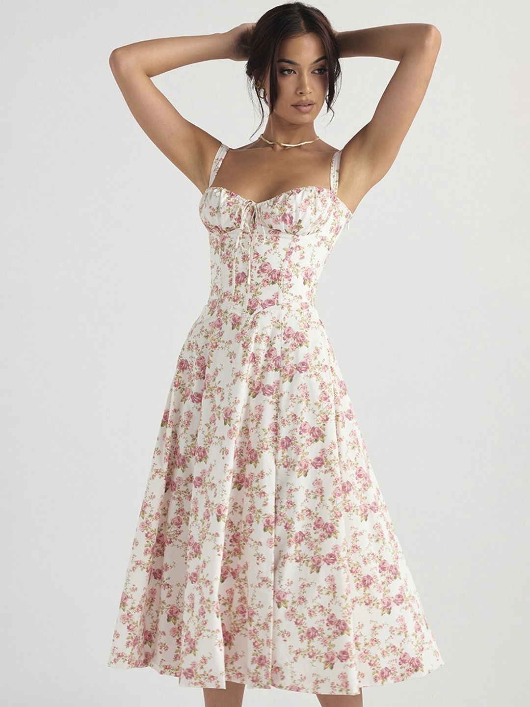 Pink Floral Print Sleeveless Midi Dress