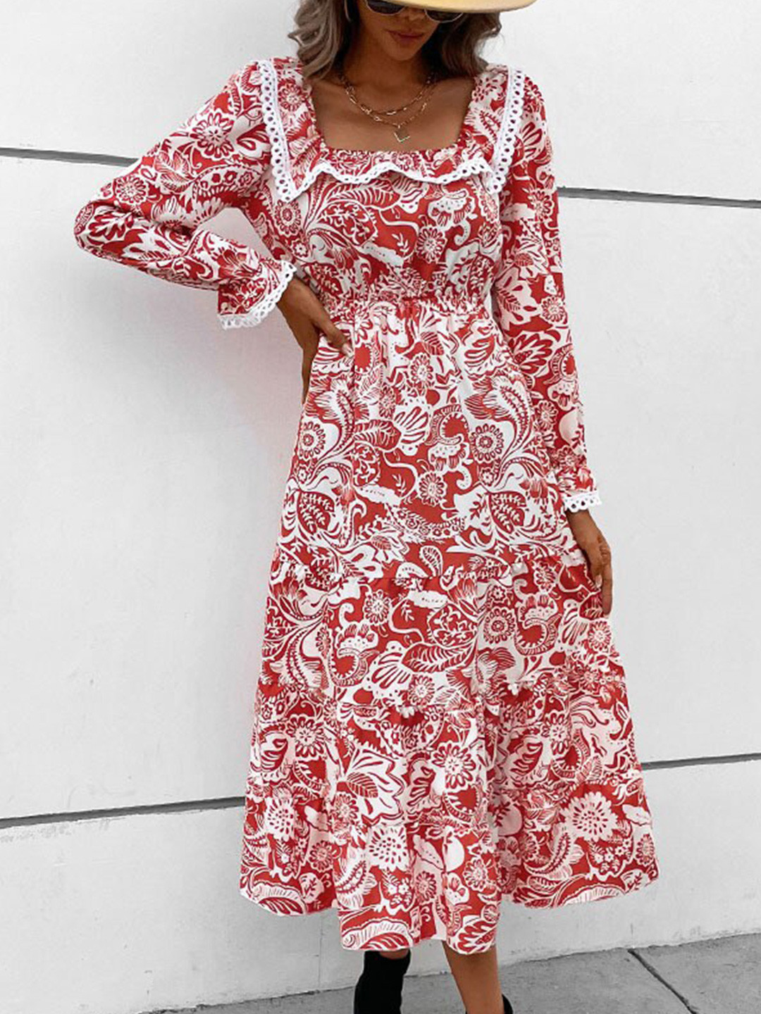 StyleCast Red Floral Printed Puff Sleeve Fit & Flare Midi Dress