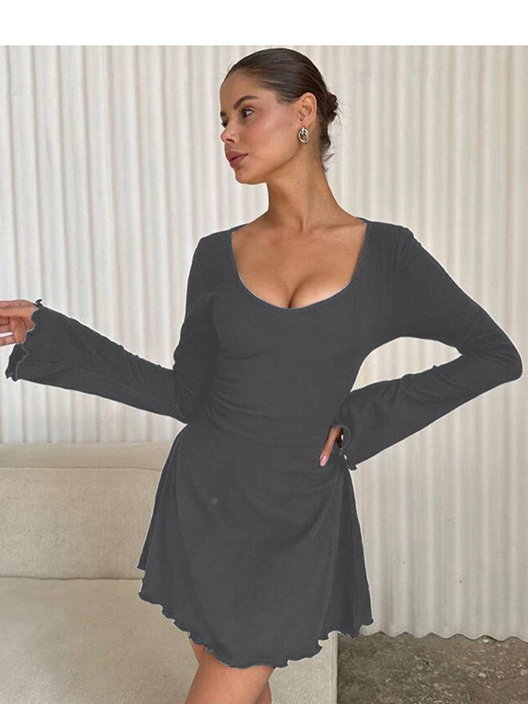 StyleCast Grey Round Neck Long Sleeves Tie-Ups A-Line Dress