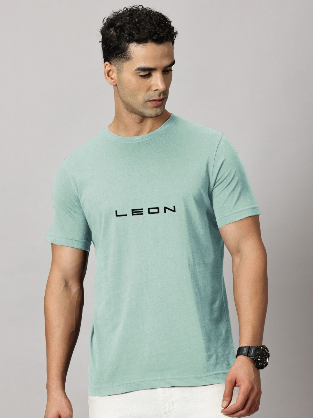 LEON Typography Printed Round Neck Cotton T-shirt