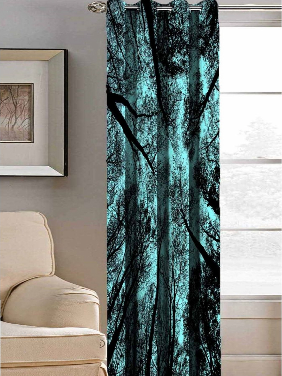 Aura Teal & Black Tree Printed Light Blocking Window Curtain