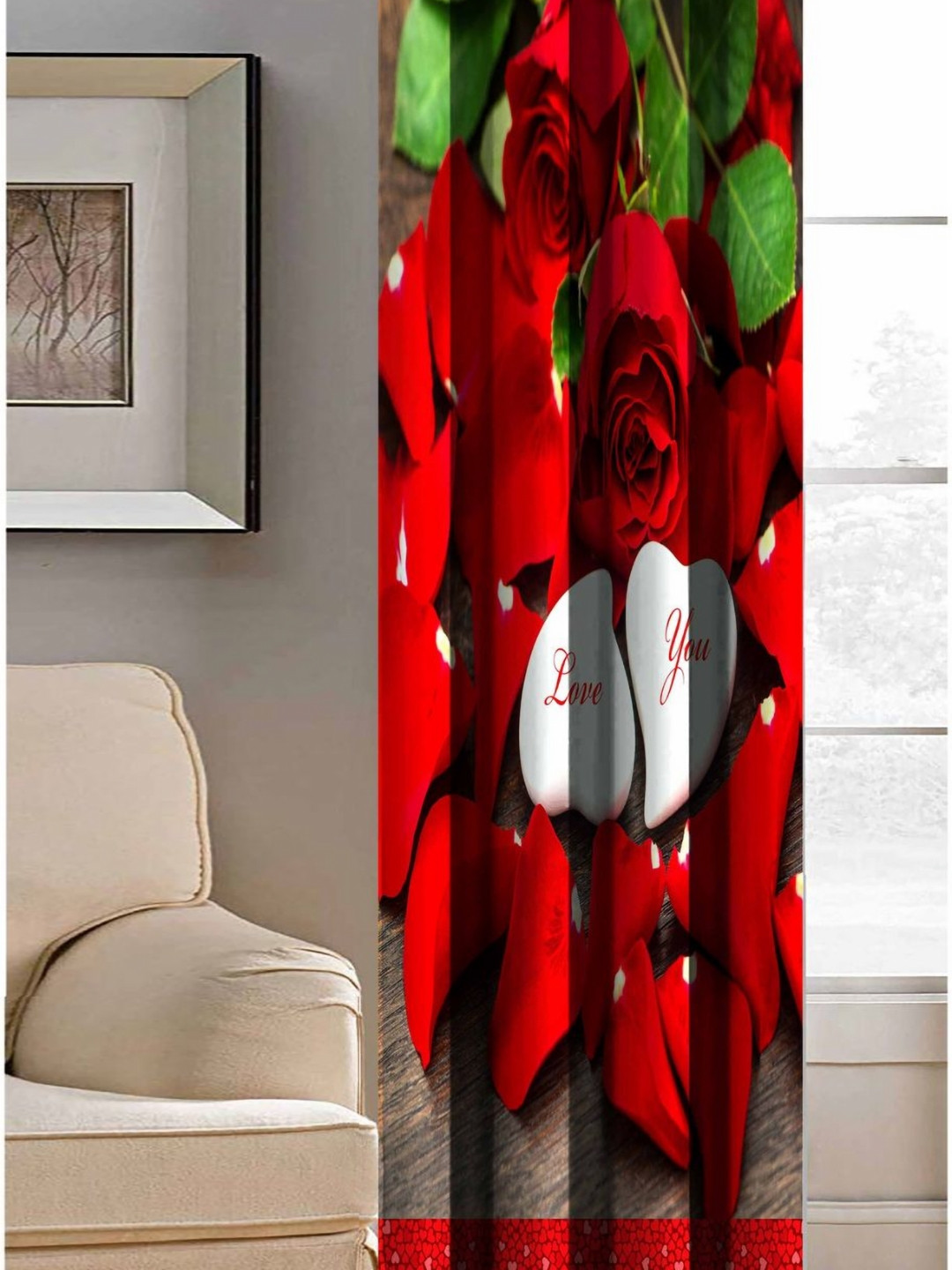 Aura Red & Green Floral Printed Light Blocking Window Curtain