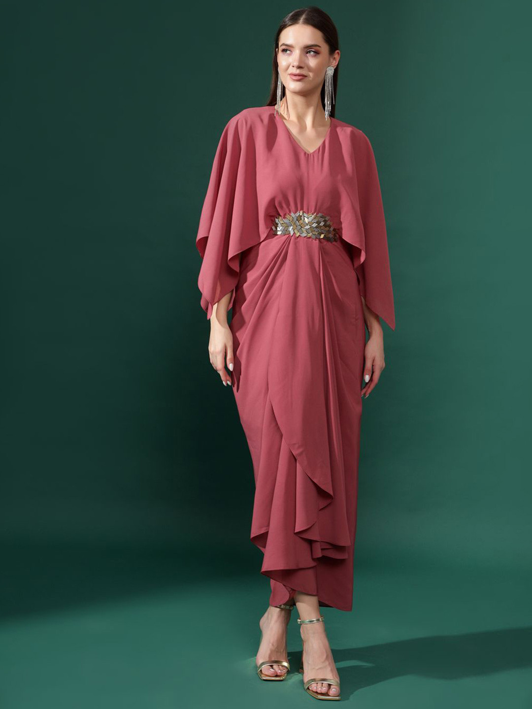 AAKAAR Women Cape Sleeves Crystal Applique Detail Draped Maxi Dress