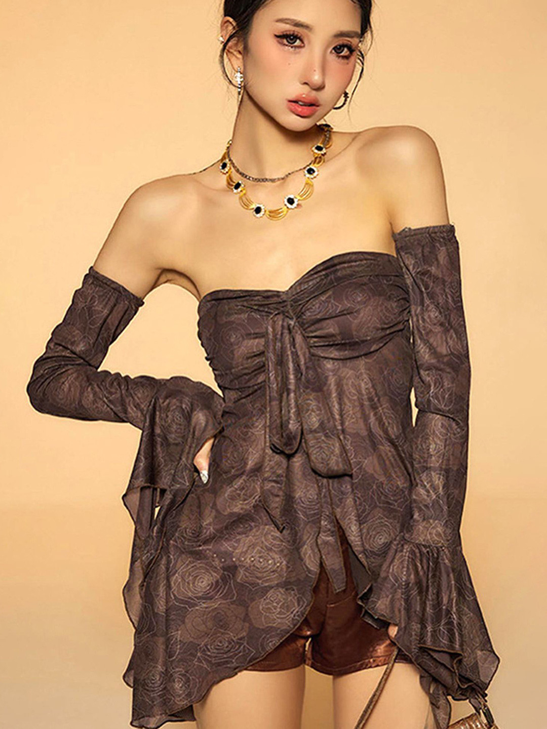 LULU & SKY women Abstract Printed Flared Sleeve Tube Top