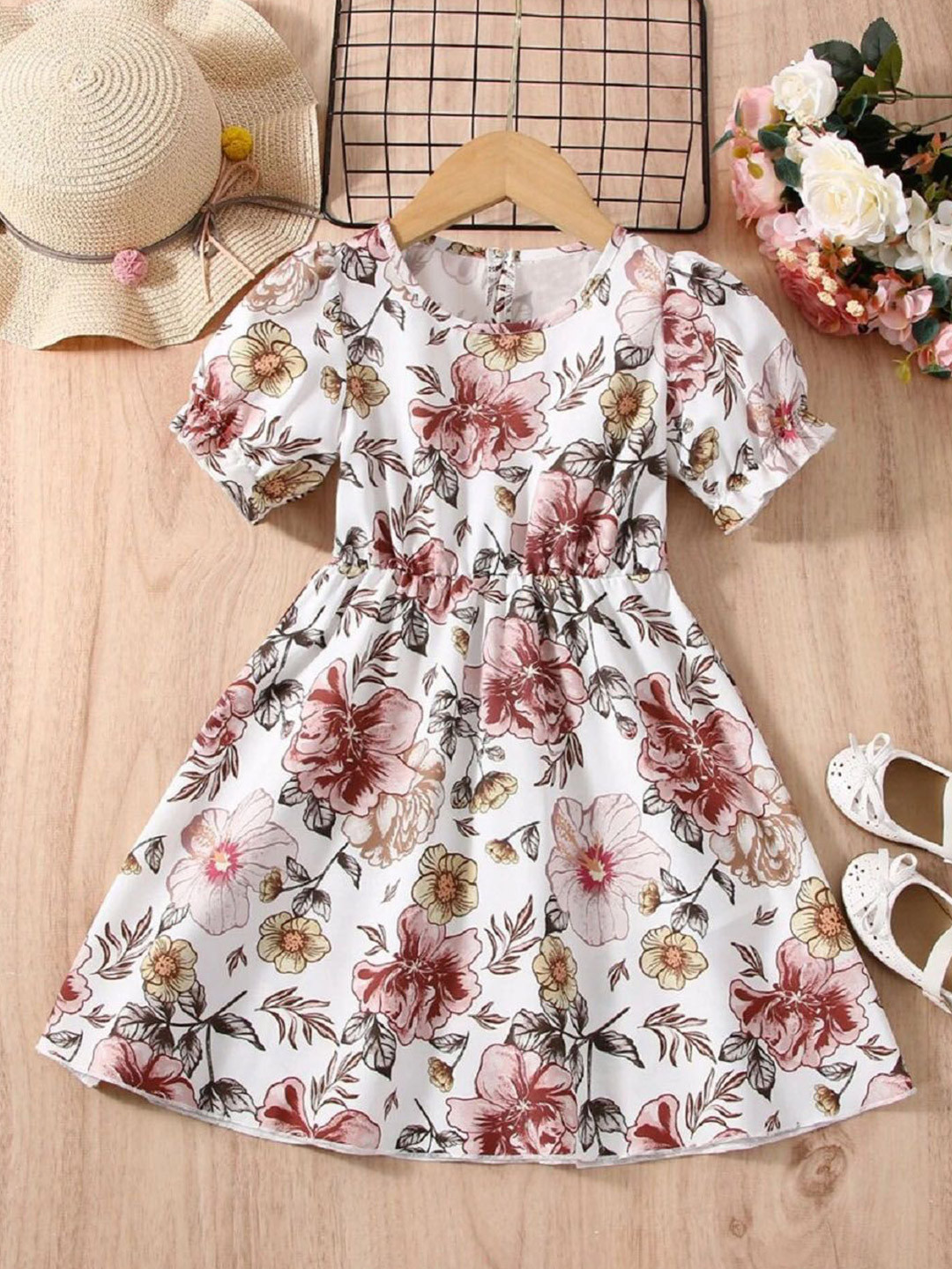 White World Floral Print Puff Sleeve Fit & Flare Dress