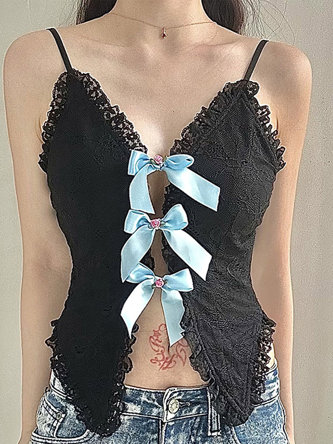 LULU & SKY Black Lace V-Neck Crop Top with Bow-Knot