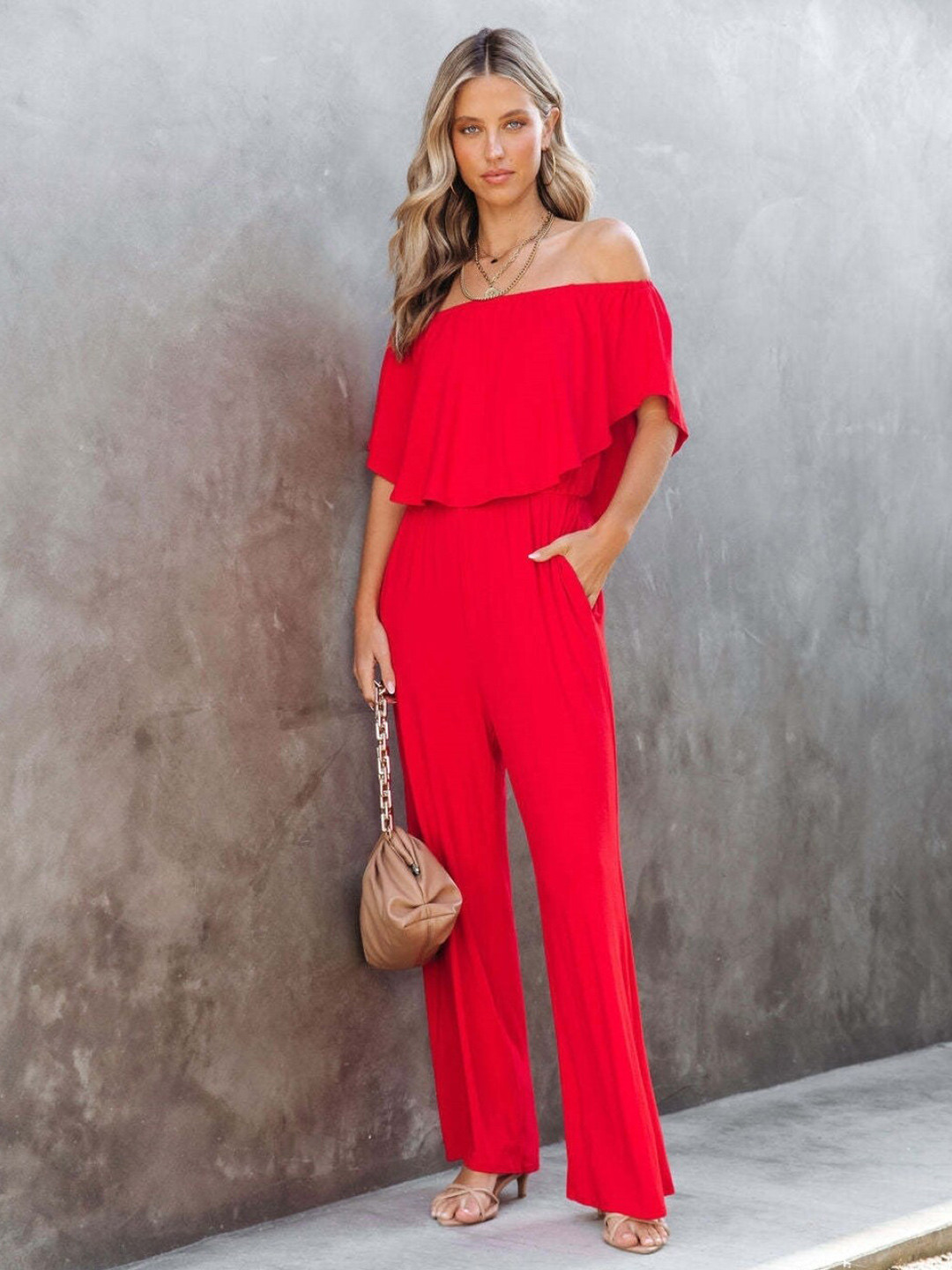 StyleCast Red Off-Shoulder Basic Jumpsuit