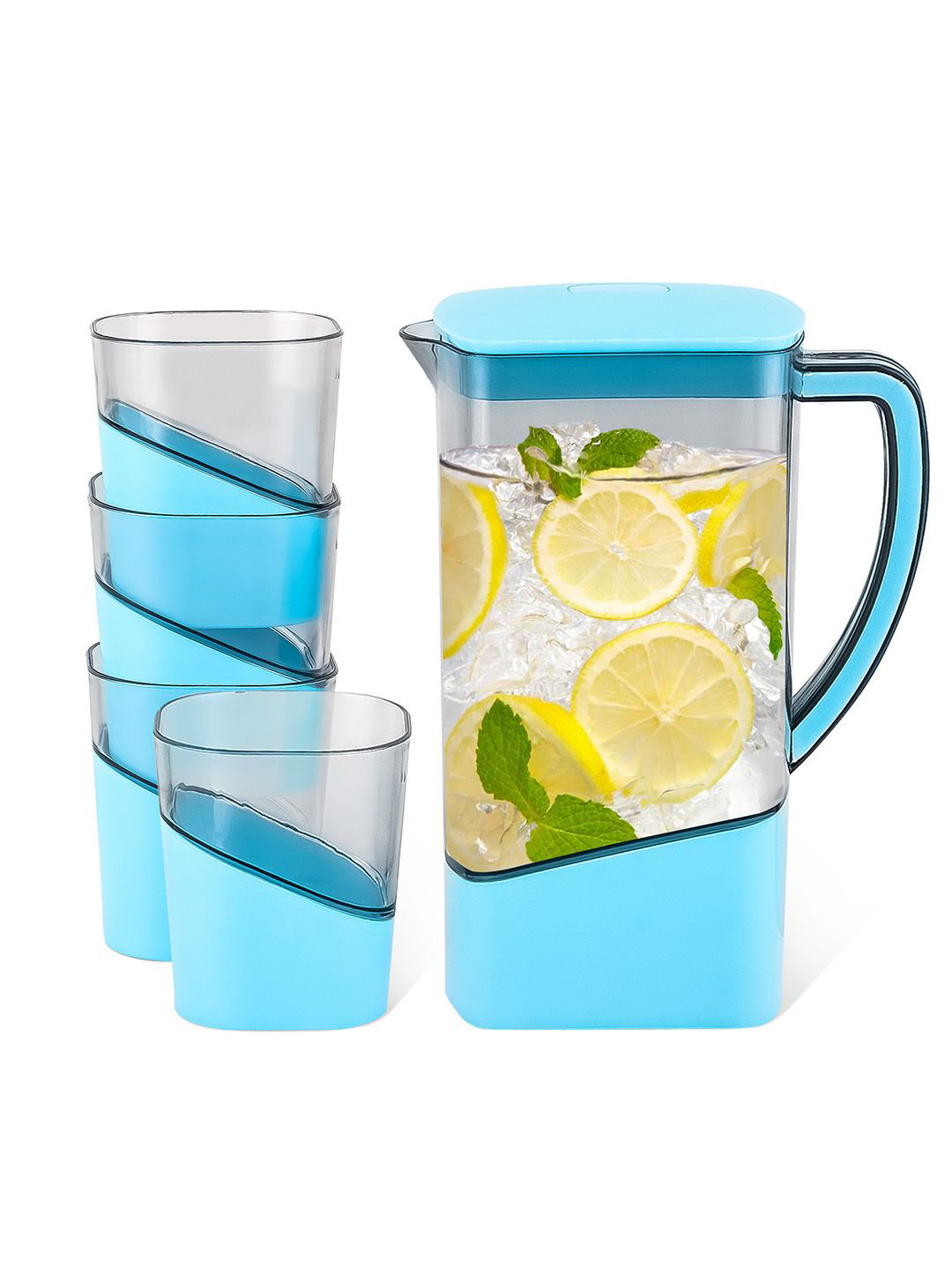 Kuber Industries Blue & Transparent 5 Pieces Refrigerator Safe Water Jug With Glasses-1.5L