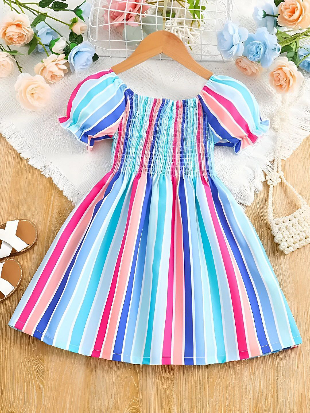 White World Girls Striped Puff Sleeve Fit & Flare Dress