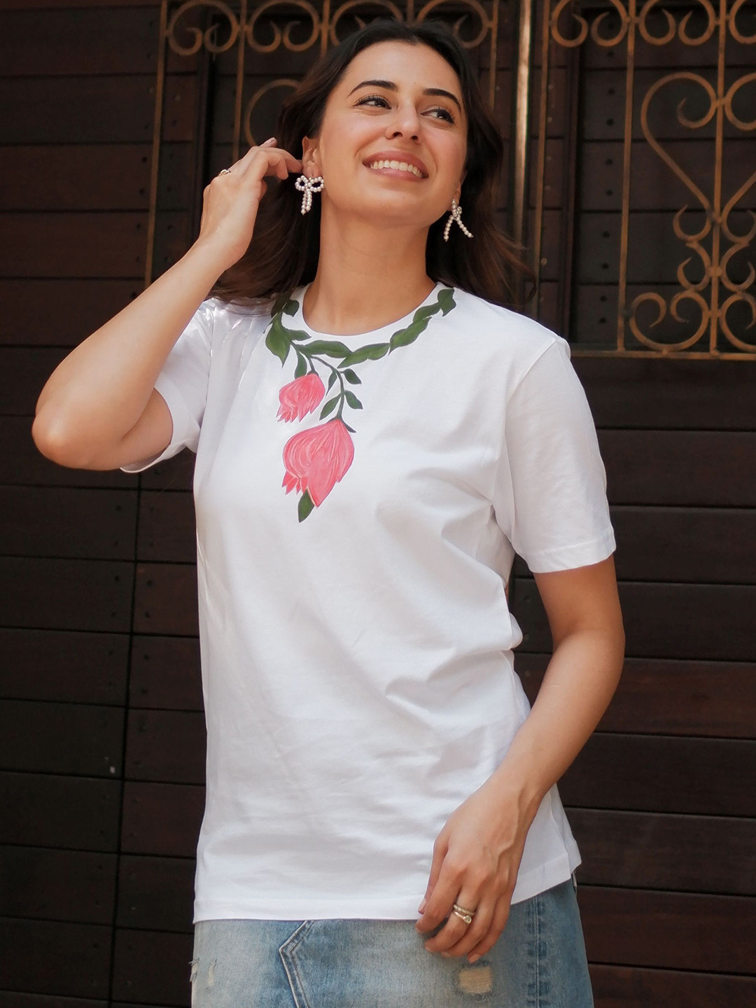 WEAVING CULT Floral Hand Paint Round Neck T-Shirt