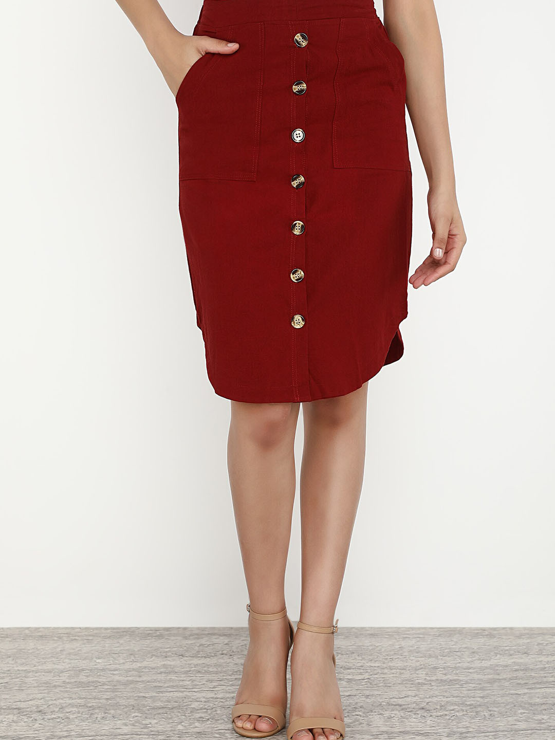 LULU & SKY Burgundy Solid Knee Length Pencil Skirt