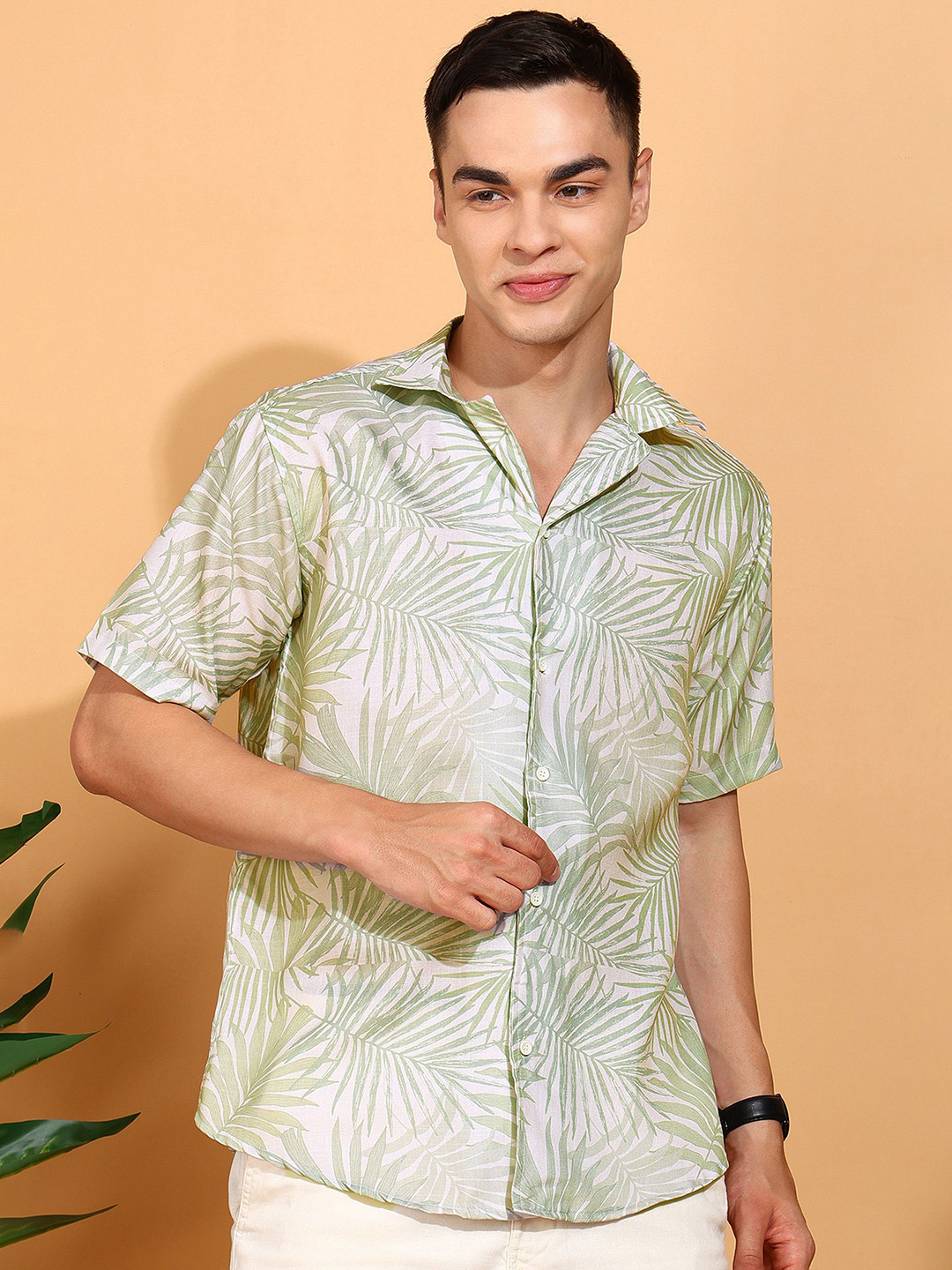 BROWN BROTHERS Floral Printed Short Sleeves Cotton Canvas Shirt