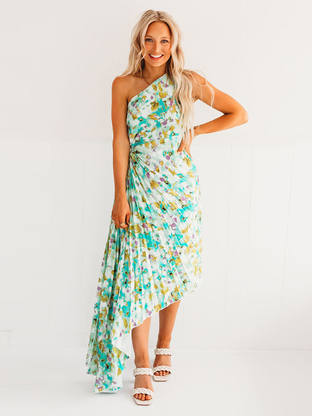 LULU & SKY One Shoulder Pleated Asymmetrical Dress