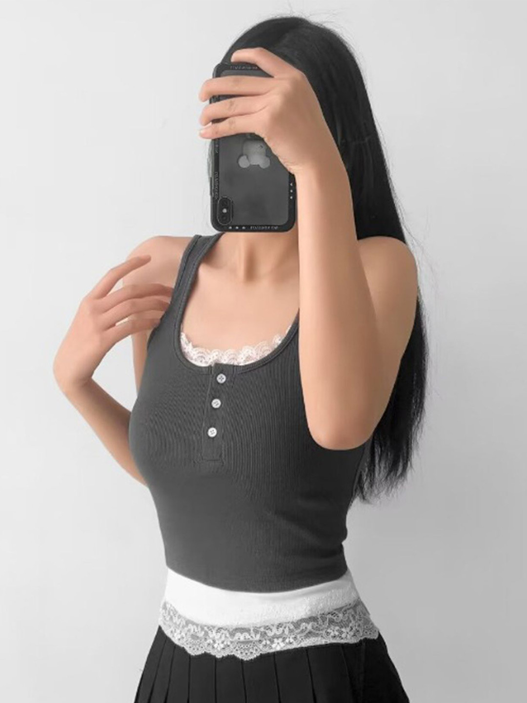 LULU & SKY Grey Scoop Neck Lace Inserted Sleeveless Tank Top