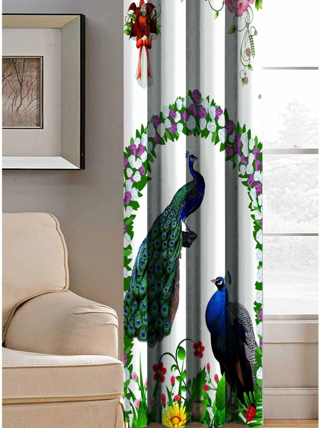 Aura White & Green Peacock Printed Light Blocking Window Curtain