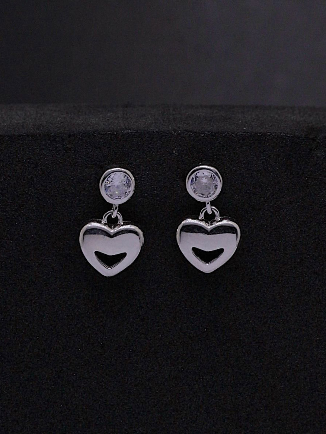 Silver by HM 925 Sterling Silver Rhodium-Plated CZ Studded Heart Shaped Drop Earrings