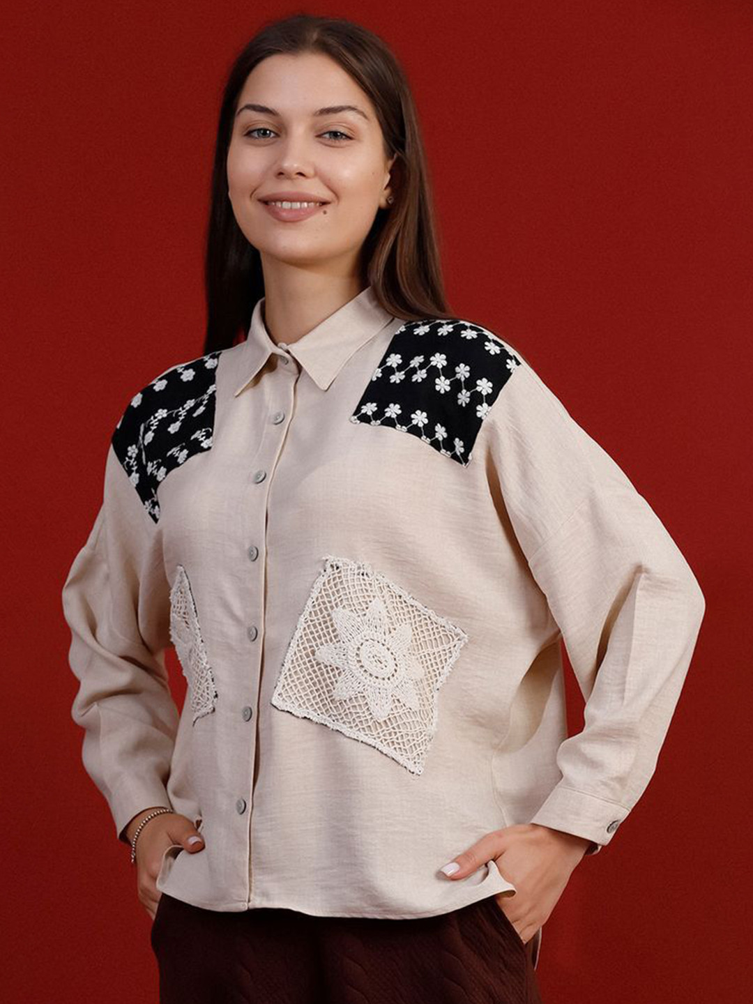 Zwankee Women Tailored Fit Casual Patch Shirt