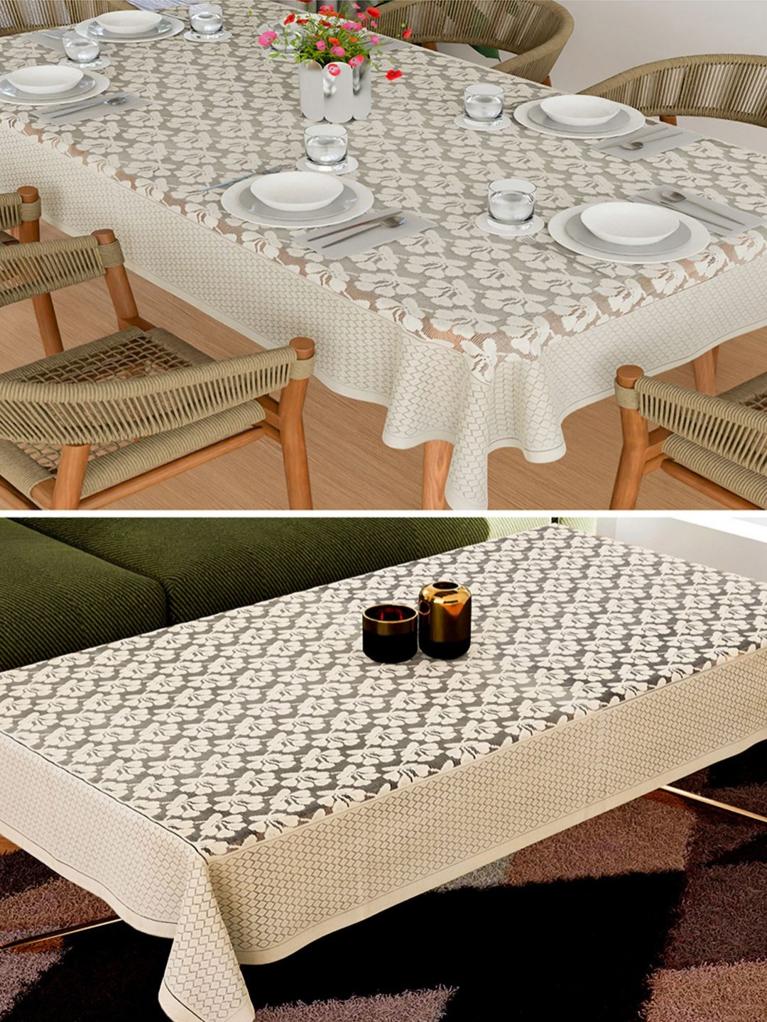 Myntra Elegant Homes Cream 2 Pieces Floral Self Design 6-Seater Cotton Table Cover Set