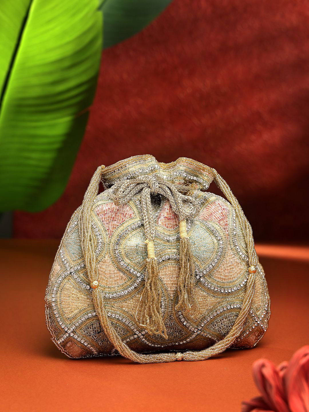 Anekaant Dangle Gold & Pastel Multi Vermicular Embellished Faux Silk Potli