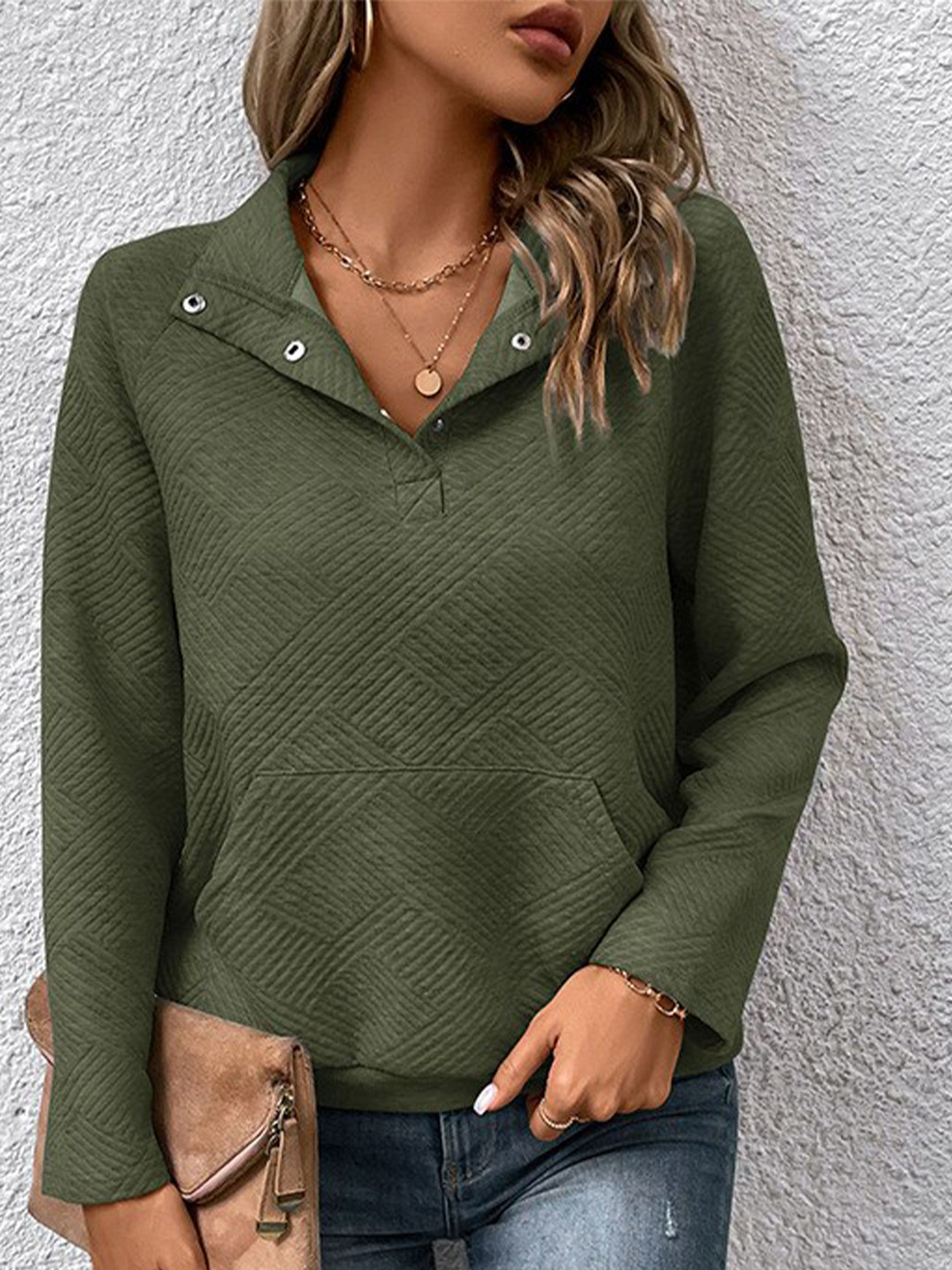 StyleCast Olive Green Self Design Shirt Collar Jacquard Pullover Sweatshirt