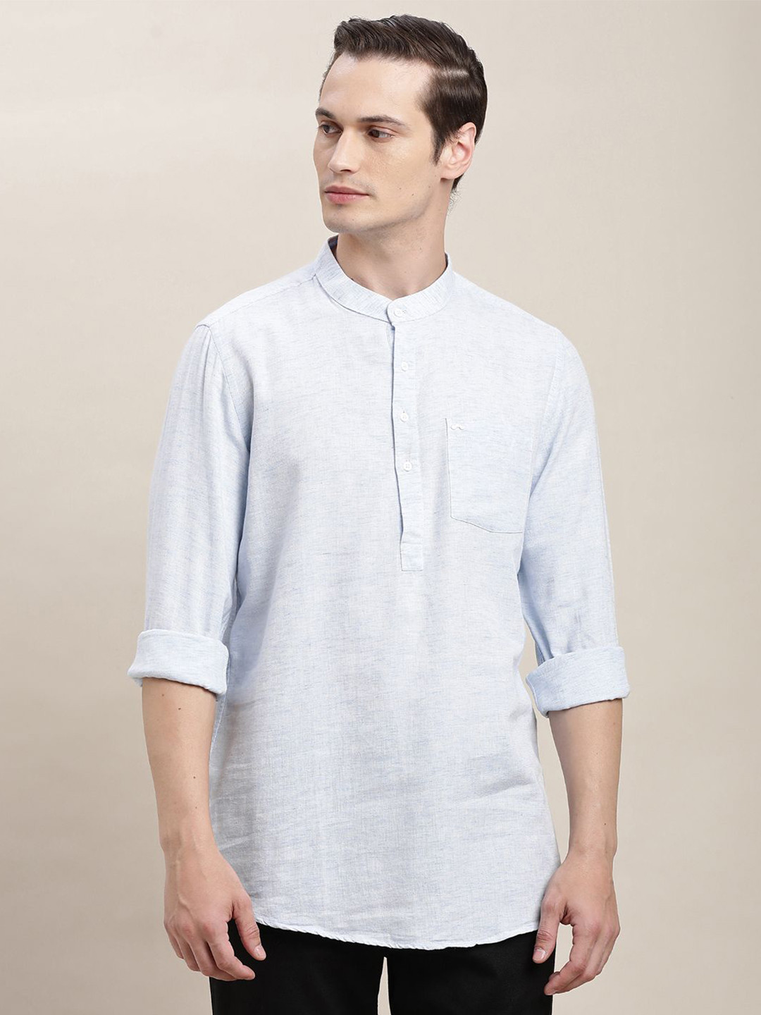 Turtle Band Collar Long Roll-Up Sleeves Cotton Lyolin Straight Kurta