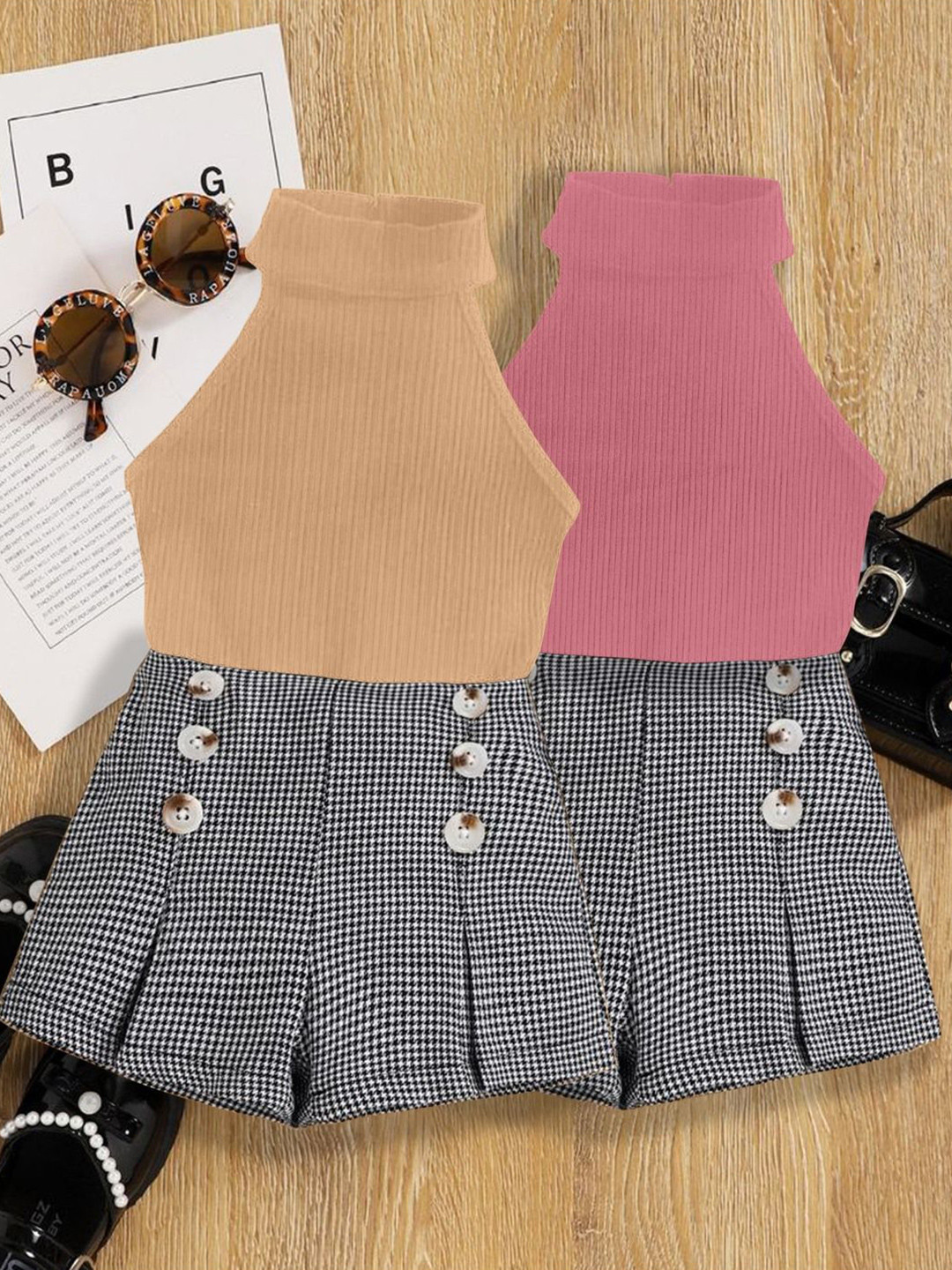 DEL LUNA Girls Set Of 2 Sleeveless Top And Checked Shorts Co-ords