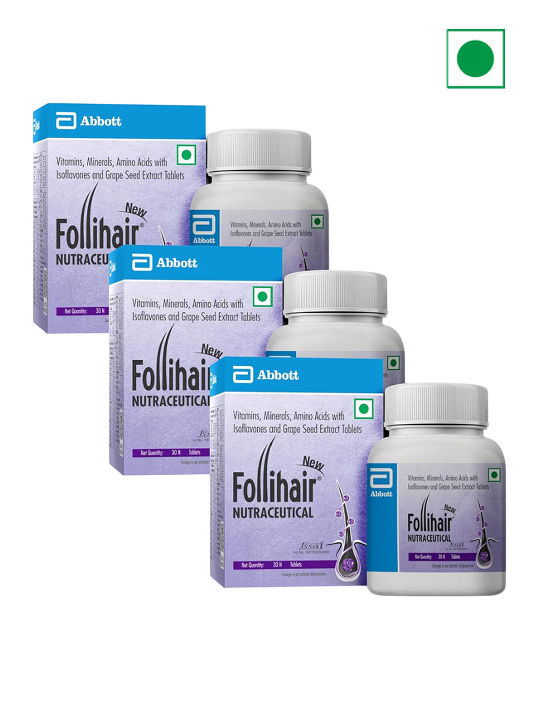 Follihair Set Of 3 New A By Abbott Tablets For Nourish & Strengthen Hair - 30 Tablets Each