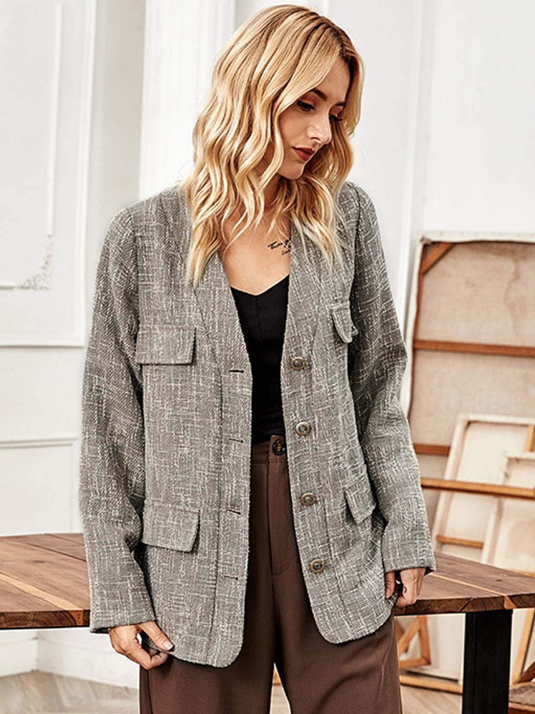 StyleCast Women Grey Checked Regular Jacket