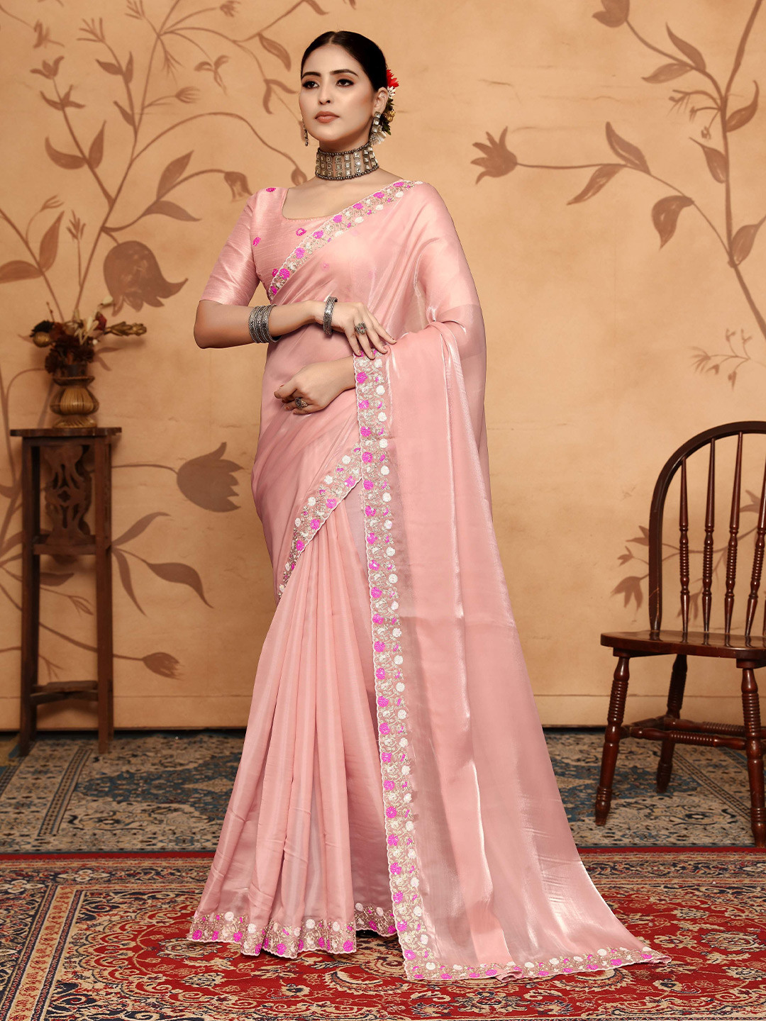 NEGRONI double sequence embroidery cording cut work Peach Color saree