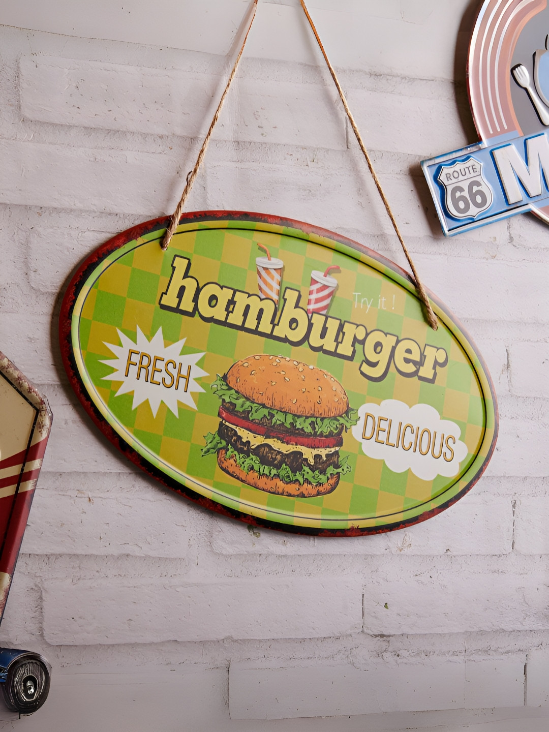 eazy wagon Fresh & Delicious Hamburger Metal Bohemian Glossy Hall Signs and Plaques-19In