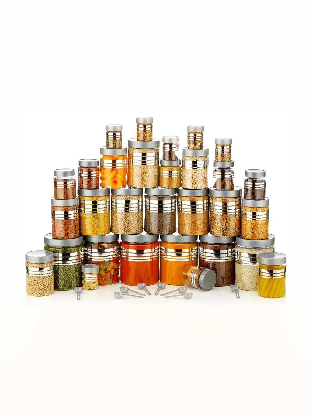 Wecoco Silver-Toned Silver Striped Plastic Easy To Clean 24 Piece Screw Top Canister