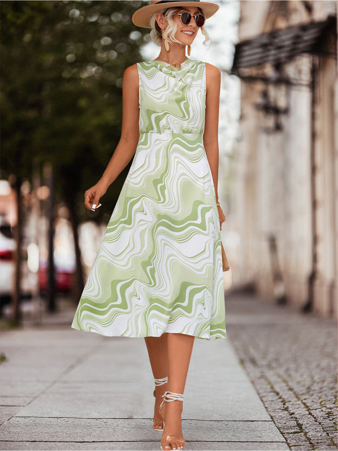 StyleCast Green Abstract Print A-Line Midi Dress