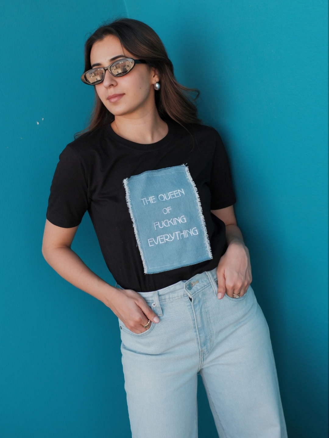 WEAVING CULT Typography Embroidered Denim Patch Cotton Oversized T-Shirt