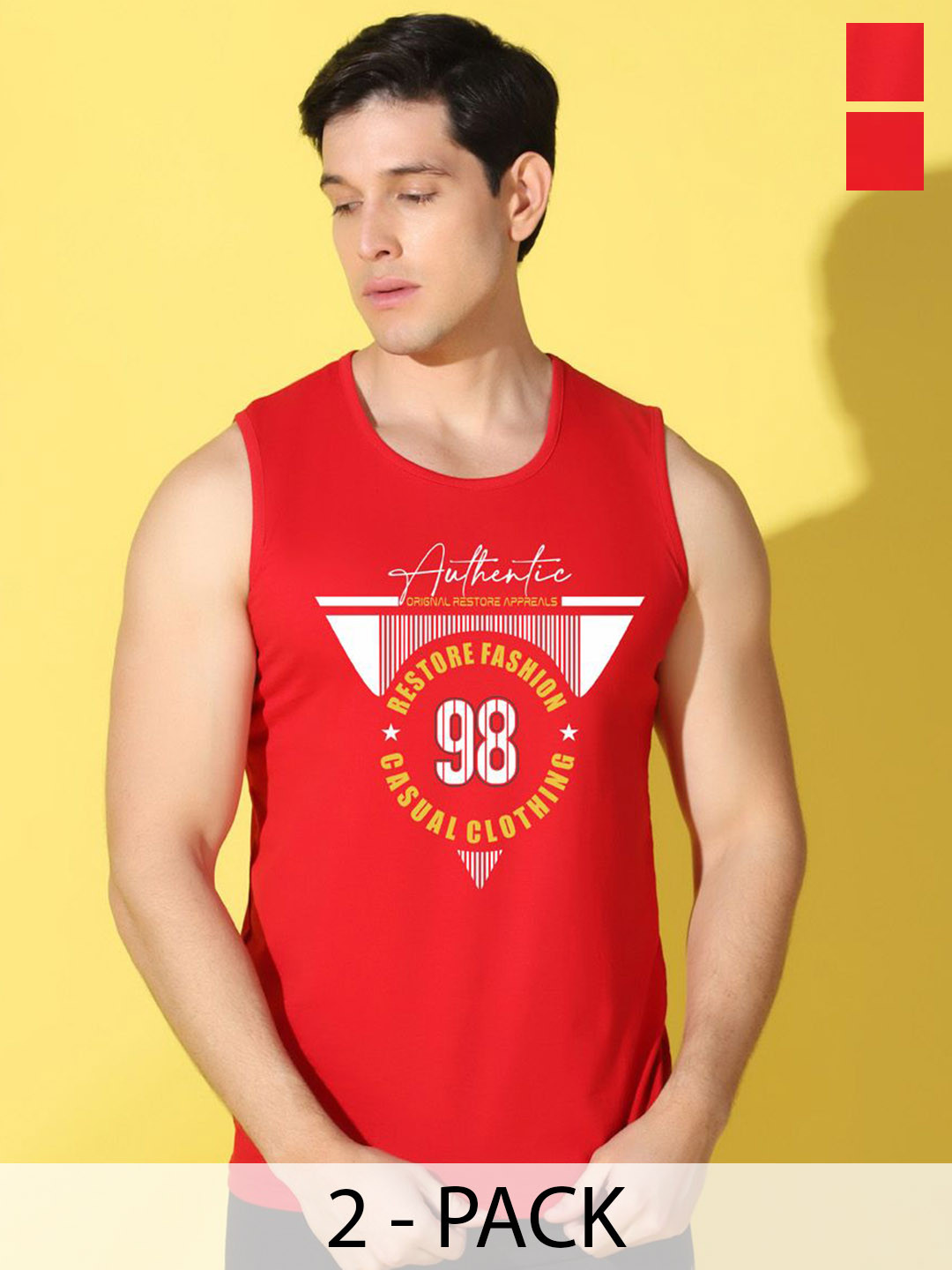WOOSTRO Pack Of 2 Printed Combed Cotton Gym Vests VWS26(98 RED)(RUN RED)