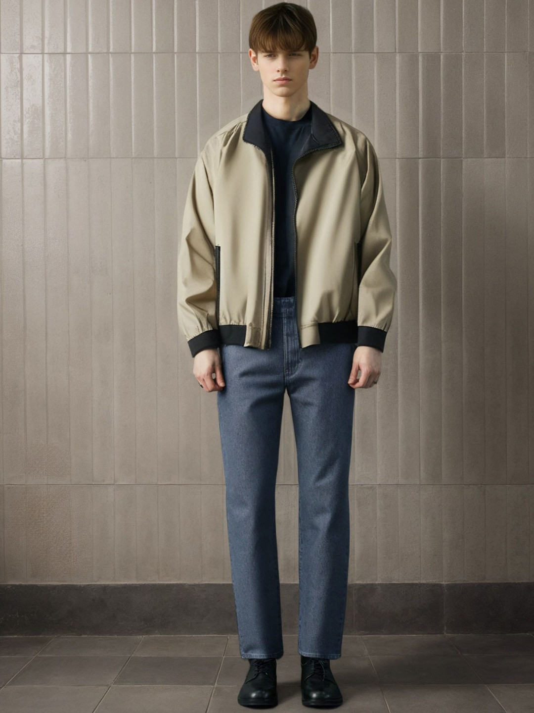 Khaki Solid Stand Collar Tailored Jacket