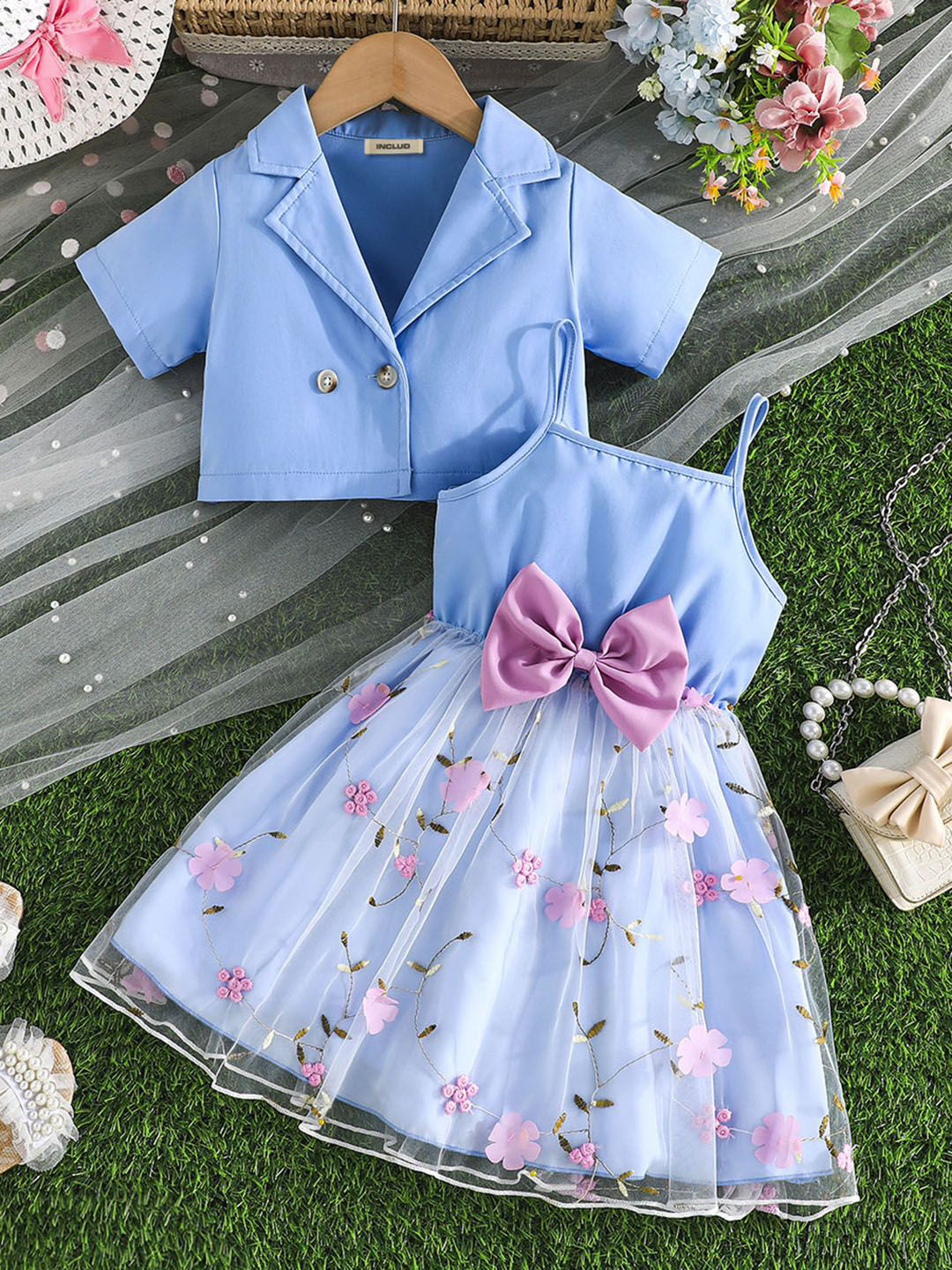 INCLUD Girls Floral Embroidered Fit & Flare Knee Length Dress With Crop Jacket