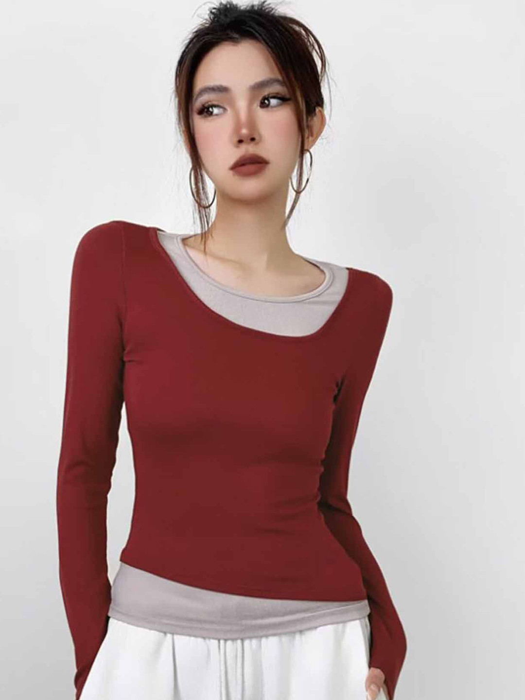 LULU & SKY Red & Grey Colourblocked Long Sleeves Top