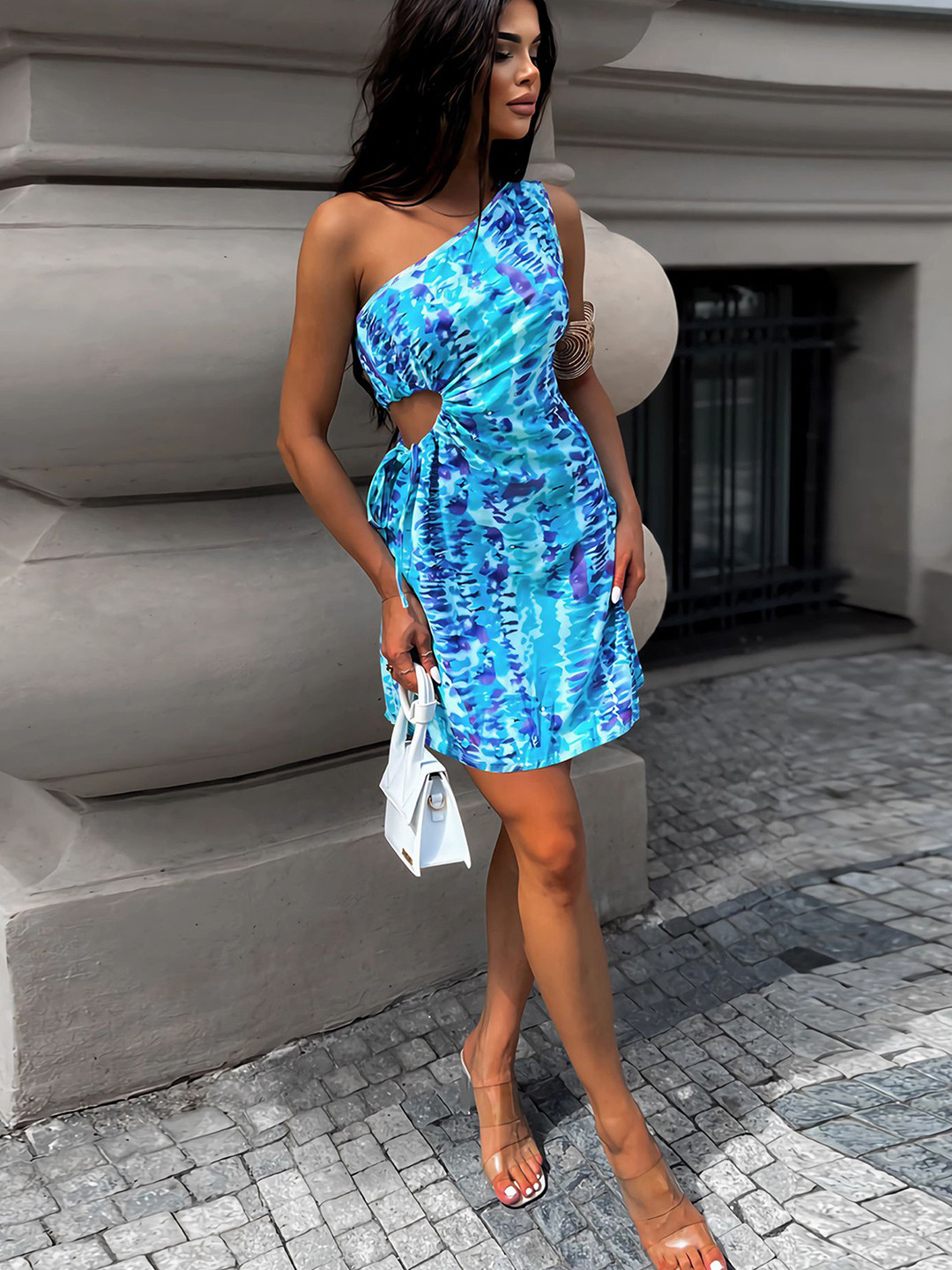 LULU & SKY Tie and Dye Printed One Shoulder Cut-Out Detail Sheath Dress