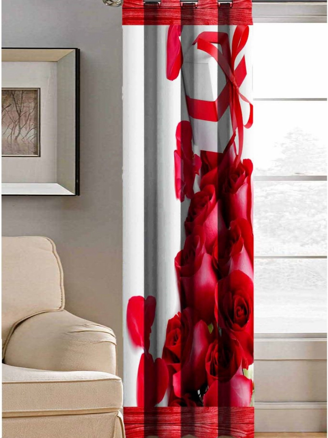 Aura Red & White Floral Printed Light Blocking Window Curtain