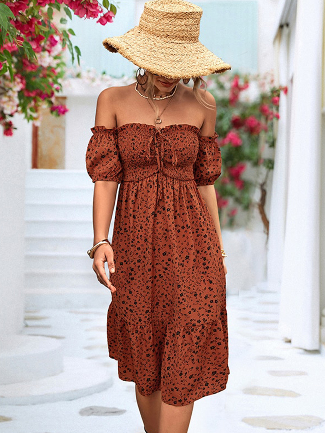 StyleCast x Revolte Off Shoulder Floral Print Flutter Sleeve A-Line Dress