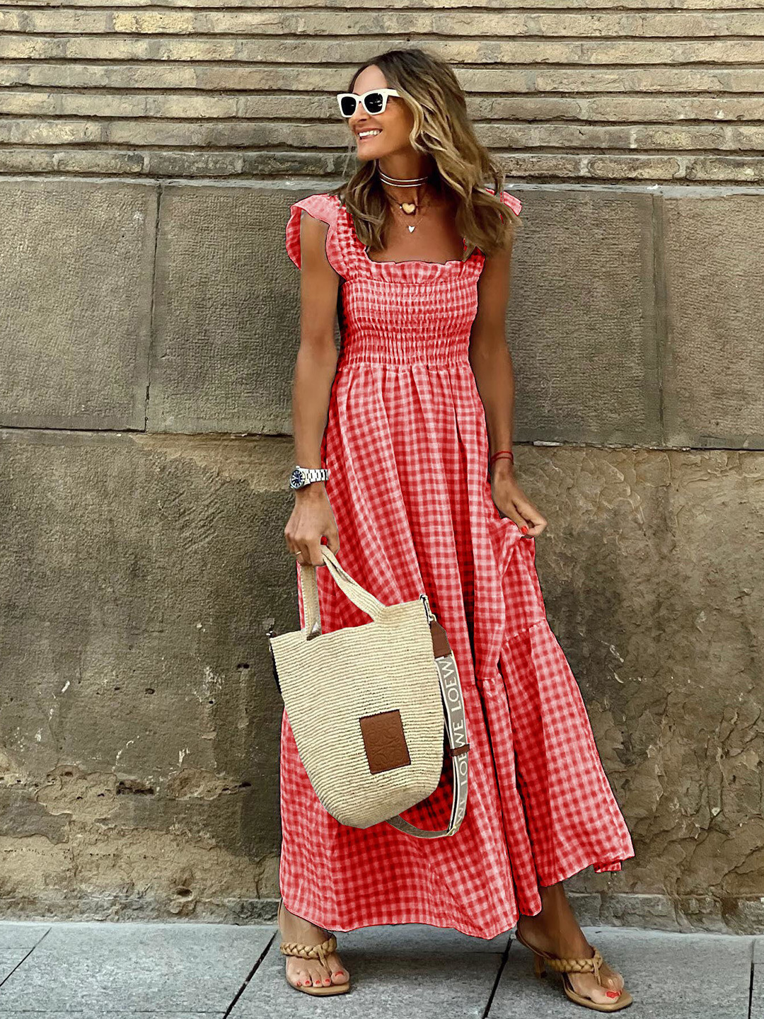 StyleCast Red Checked Square Neck Flutter Sleeve Smocked Maxi Dress