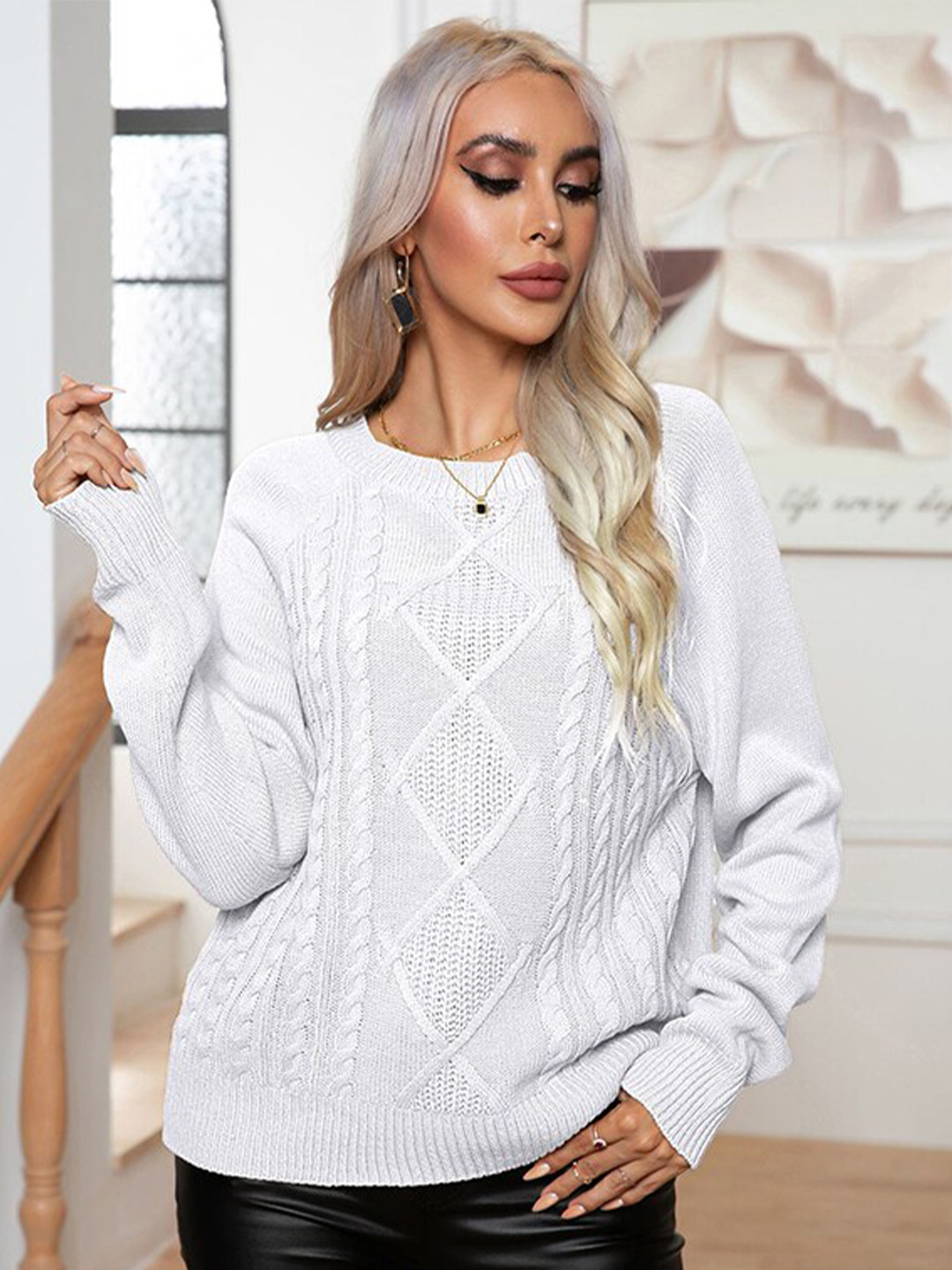 StyleCast White Cable Knit Self Design Acrylic Pullover
