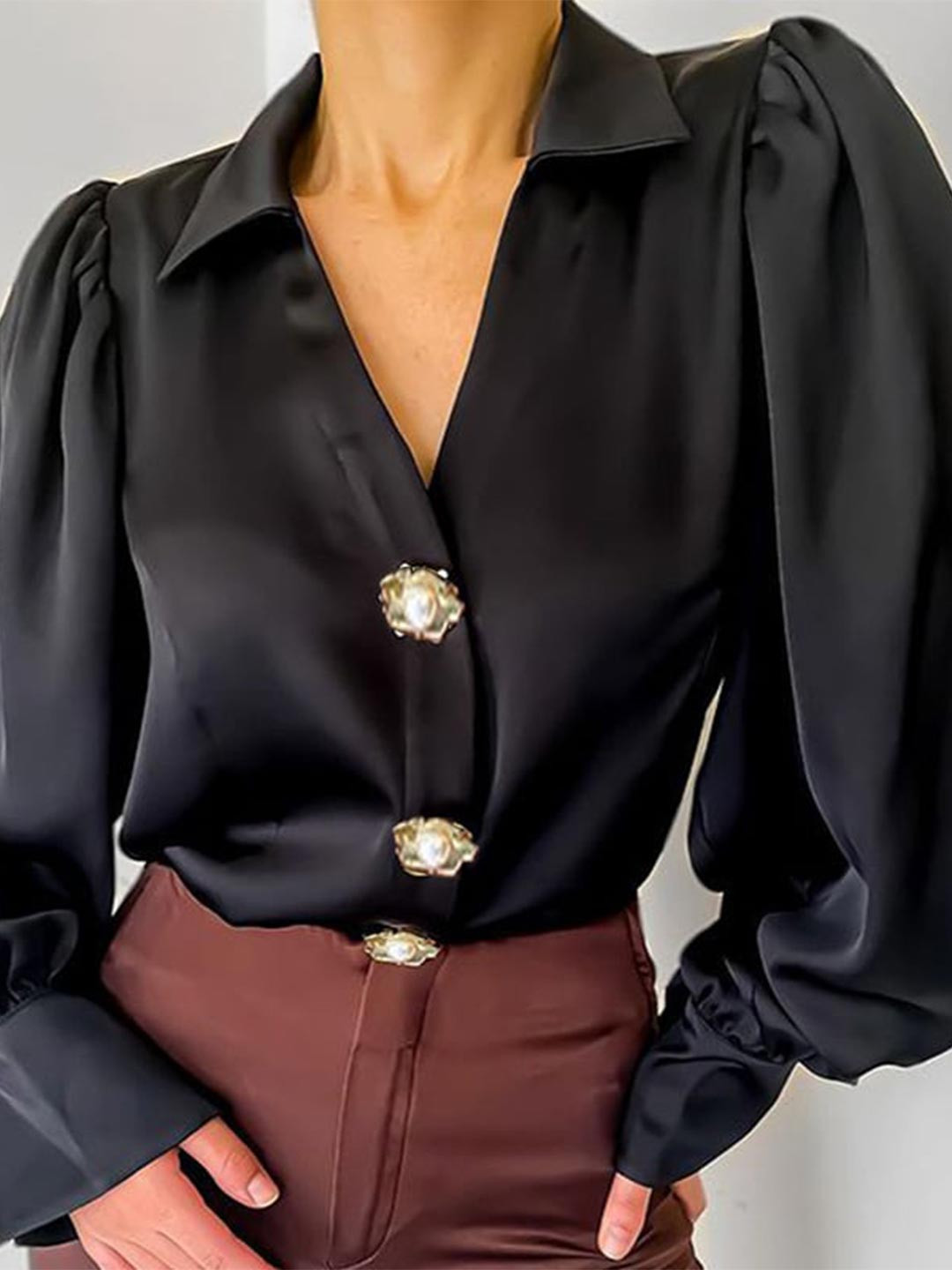StyleCast Black Cuffed Sleeves Satin Shirt Style Top