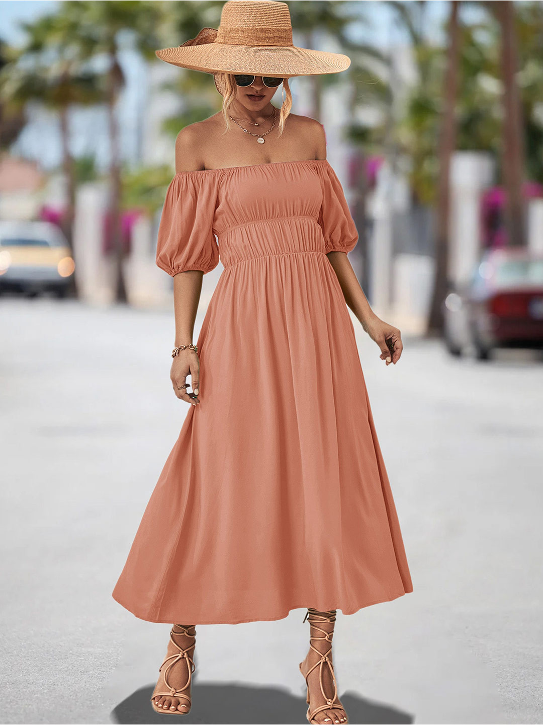 StyleCast Dusty Pink Off-Shoulder Puff Sleeves Gathered Maxi Dress