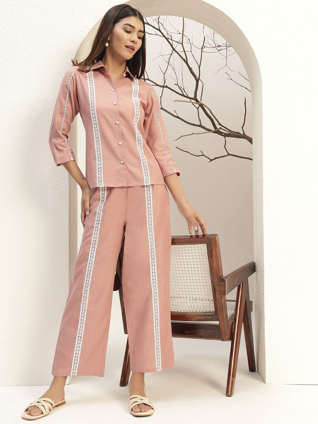 Bani Women Pink Color Collar Neck Casual Tunic With Trouser Co-Ords Set