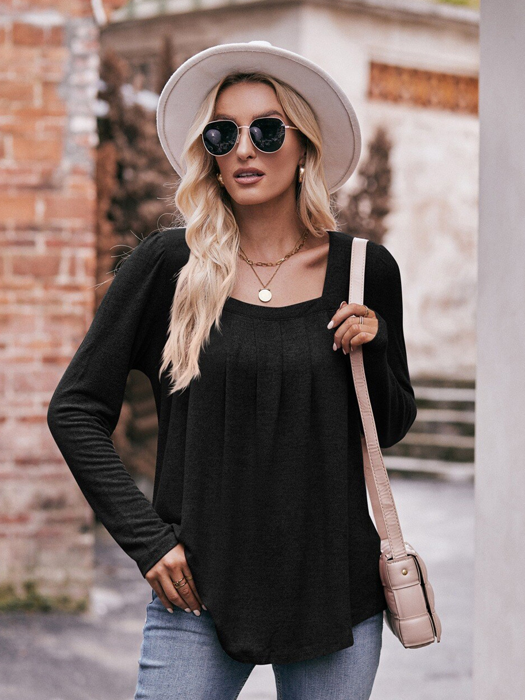 StyleCast Black Square Neck Long Sleeves A-line Top