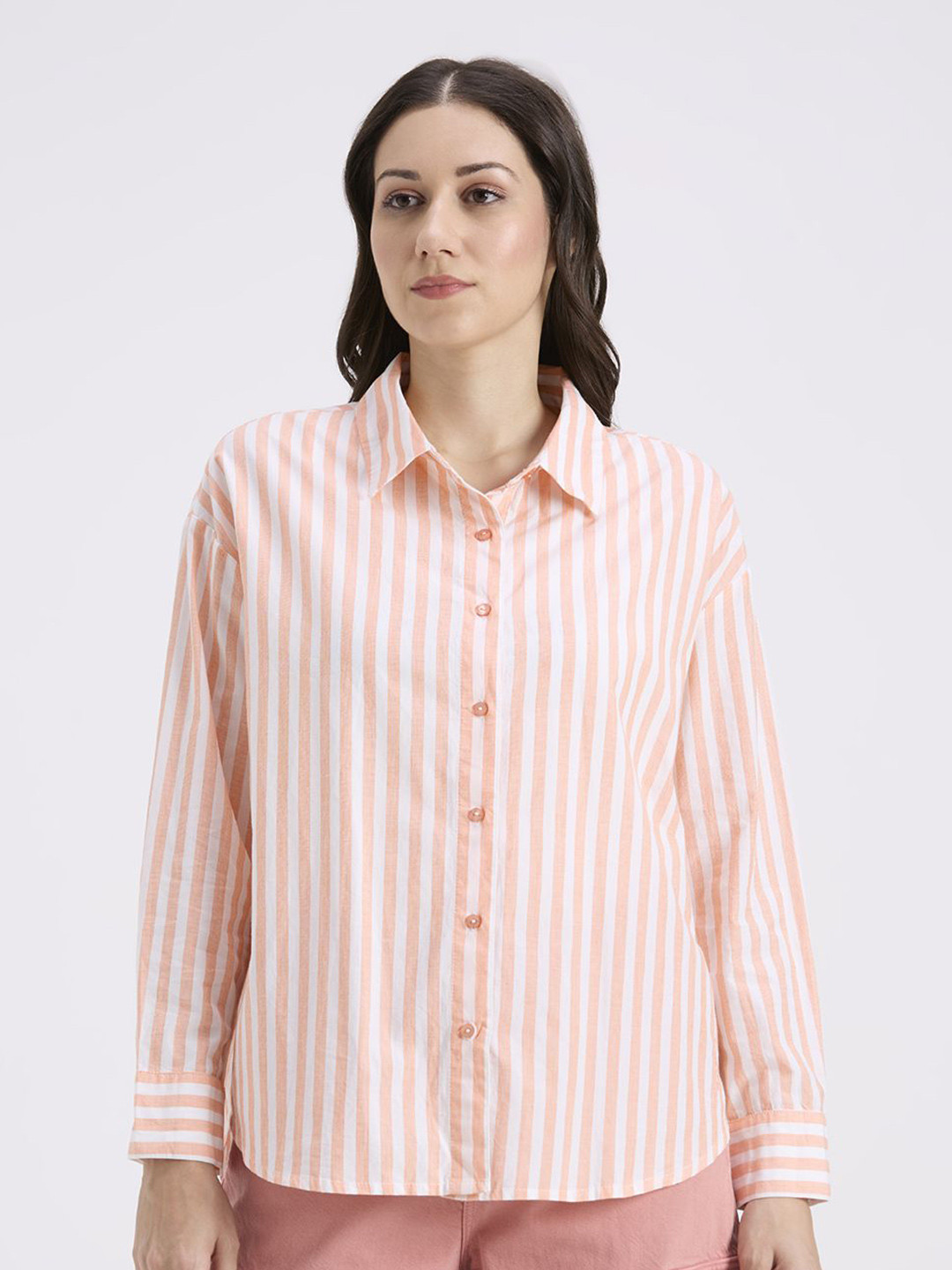 Pepe Jeans Women Oversized Fit Vertical Striped Spread Collar Cotton Casual Shirt